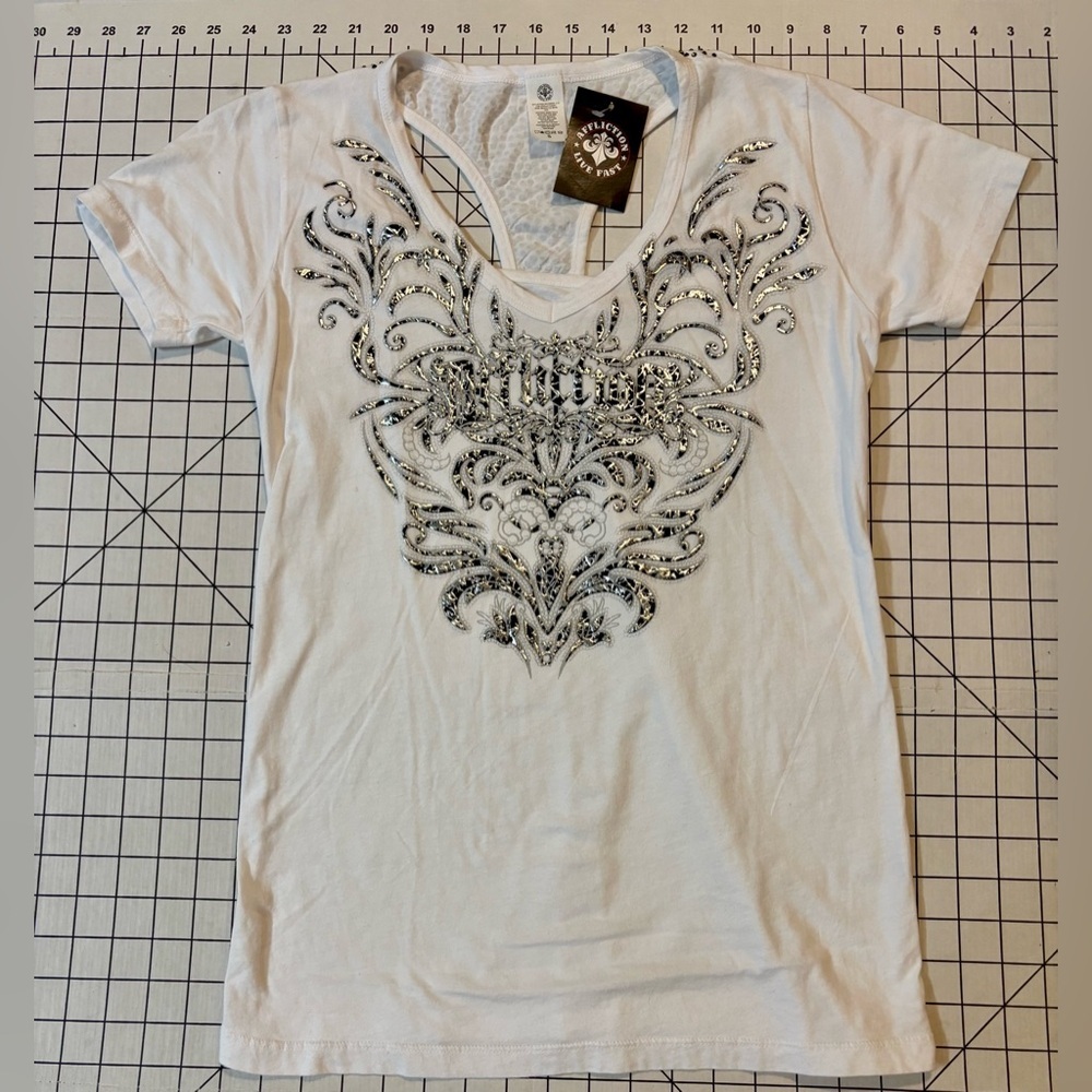 Affliction White Short Sleeve Tee with Silver Studded Design
